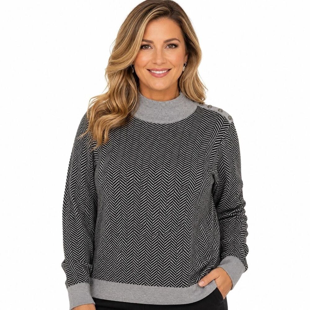 Calvin Klein Sweater Womens Large Gray Herringbone Mock Neck Button Shoulder